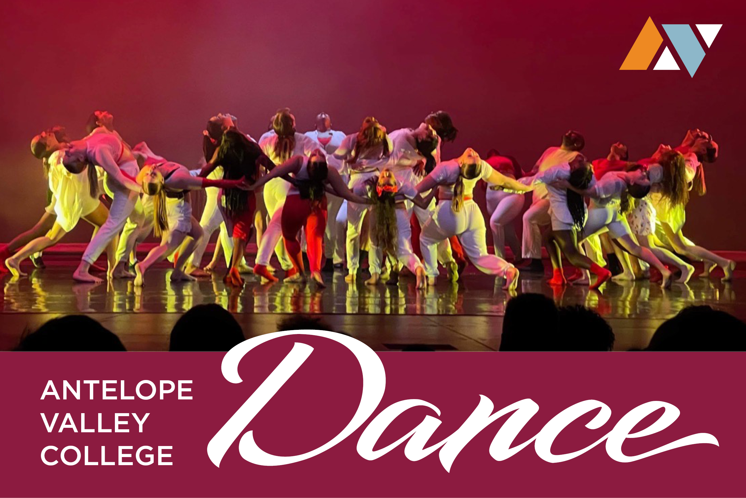 Graphic with the top two thirds of a dancers in circle on stage, with AV logo in top right corner and the bottom third in a maroon block with Antelope Valley Colleg Dance writen on the block.